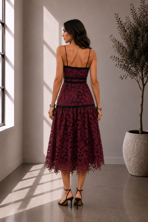 Bordeaux Bloom Colorblock Lace Midi Dress