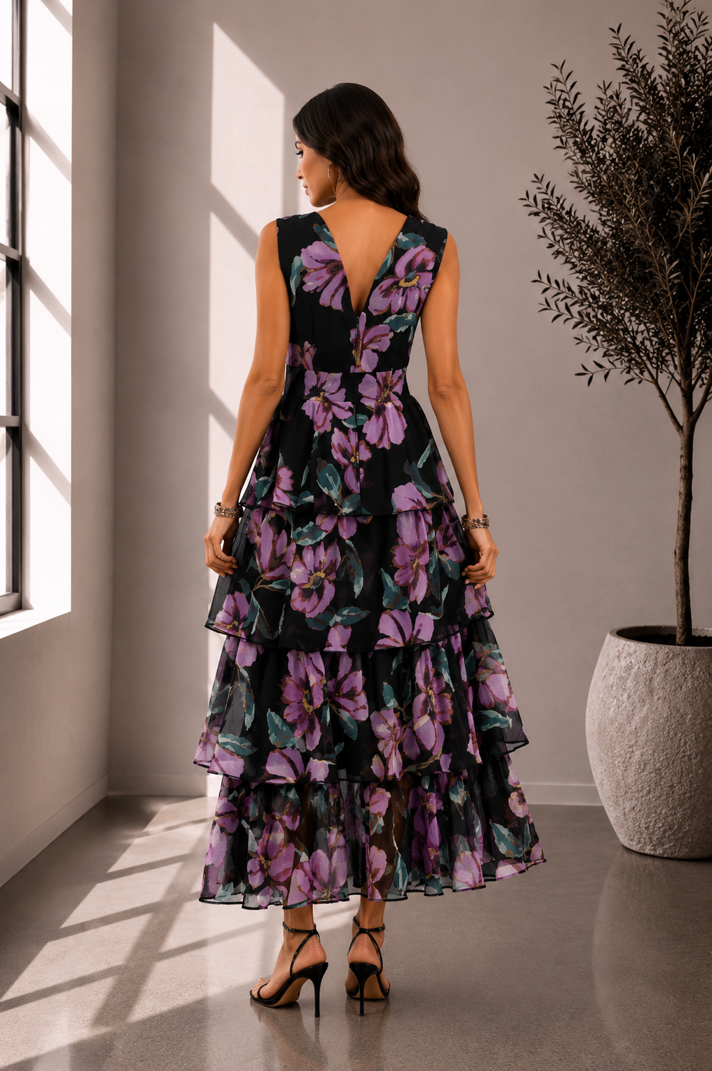 Midnight Violet Tiered Floral Maxi Dress