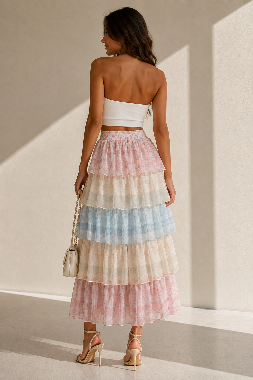Pastel Cascade Tiered Midi Skirt