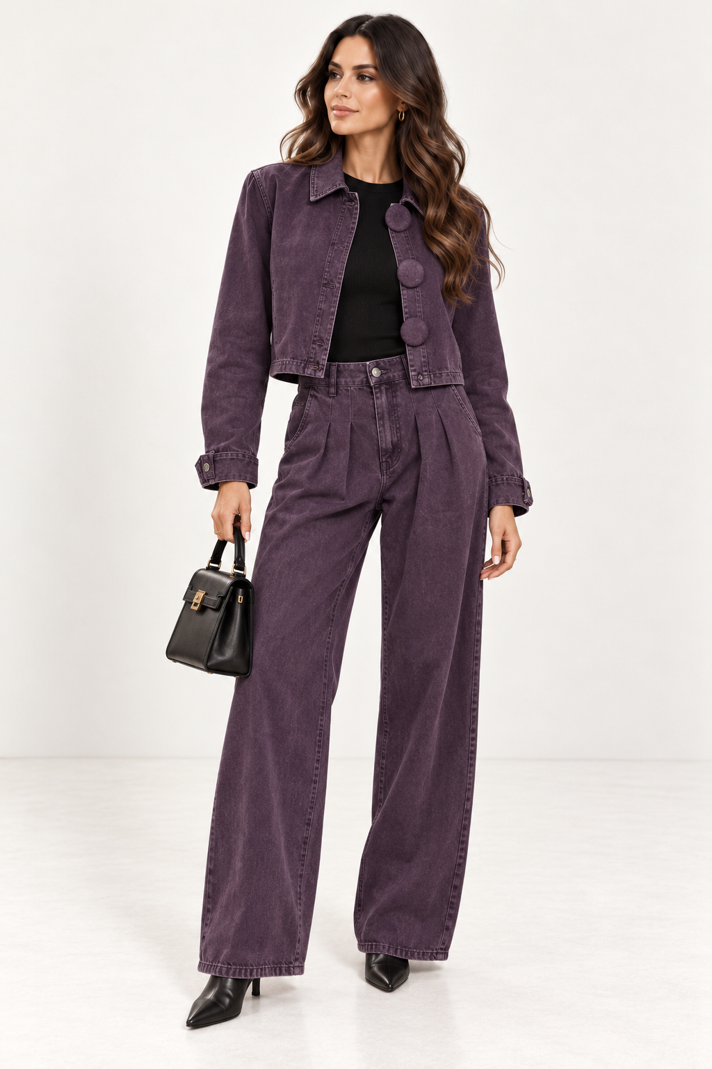 Washed Plum Oversized Button Jacket & Wide-Leg Pants Set